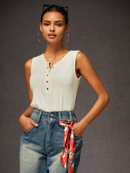 

High Elasticity Henley Collar Tank Top, White, Tanks and Camis