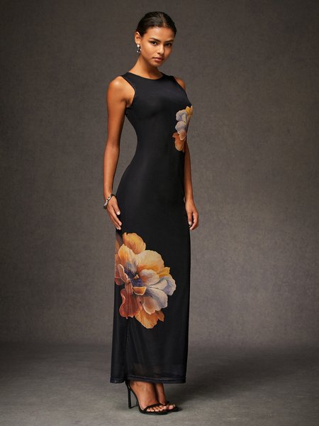 

Basic Floral High Elasticity Maxi Dress, Black, Maxi Dresses