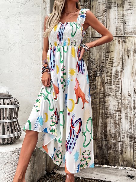 

Women Geometric Spaghetti Sleeveless Comfy Vacation Scramble Maxi Dress, White, Dresses