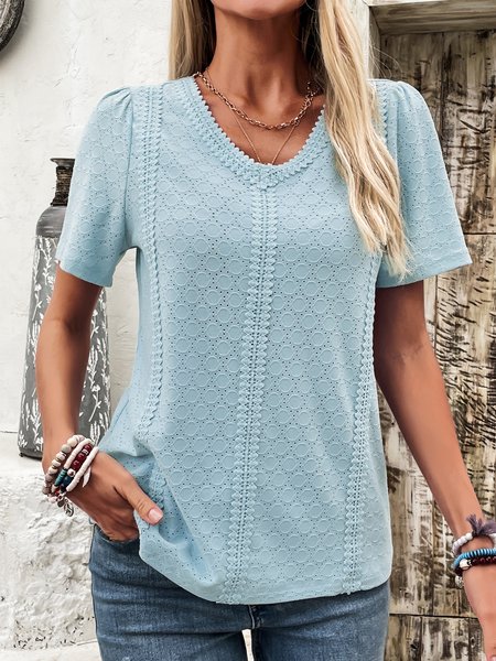 

V Neck Short Sleeve Plain Lace Regular Micro-Elasticity Loose Shirt For Women, Blue, Blouses