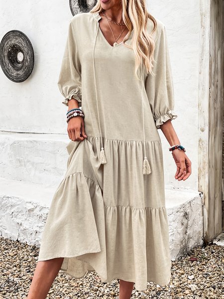 

Women Plain V Neck Half Sleeve Comfy Casual Maxi Dress, White, Dresses