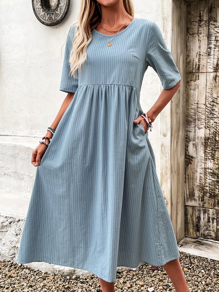 

Women Striped Crew Neck Half Sleeve Comfy Casual Midi Dress, Blue, Dresses
