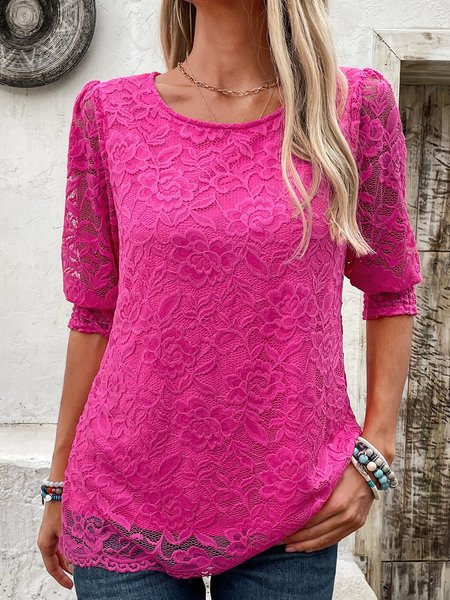 

Crew Neck Half Sleeve Ditsy Floral Regular Micro-Elasticity Loose Shirt For Women, Rose red, Blouses