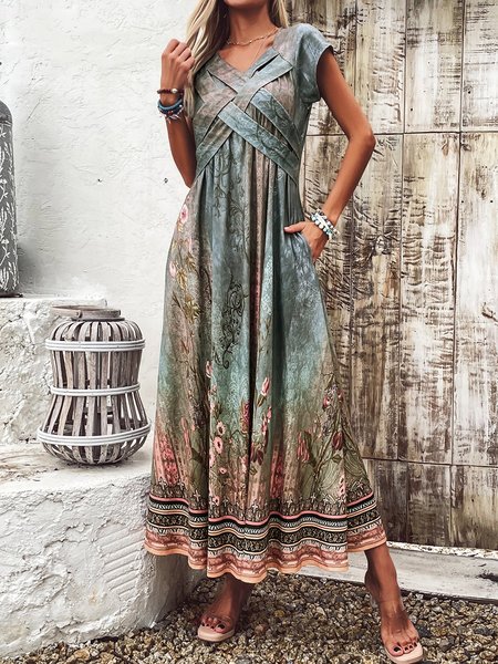 

Women Nationality/ethnic V Neck Short Sleeve Comfy Casual Maxi Dress, Green, Dresses