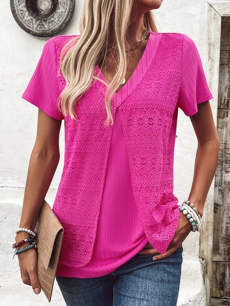 

V Neck Short Sleeve Ditsy Floral Lace Regular Micro-Elasticity Loose Shirt For Women, Pink, Blouses