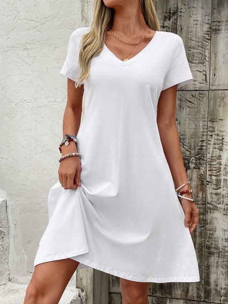 

Women Plain V Neck Long Sleeve Comfy Casual Mini Dress, White, Dresses