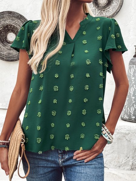 

Notched Short Sleeve Plain Jacquard Regular Loose TUNIC Shirt For Women, Green, Blouses