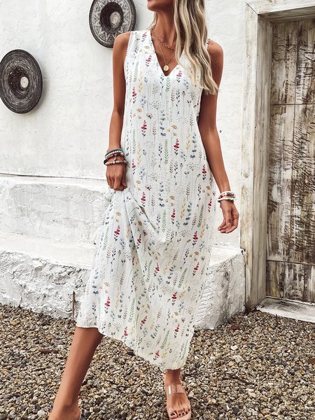 

Women Small Floral V Neck Sleeveless Comfy Casual Maxi Dress, White, Dresses
