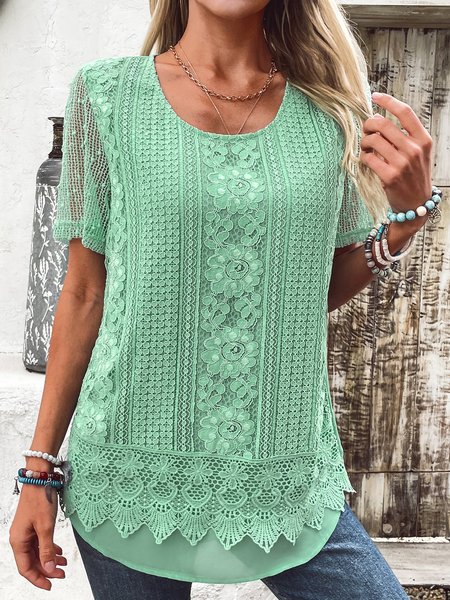 

Crew Neck Short Sleeve Plain Lace Regular Loose Shirt For Women, Green, Blouses