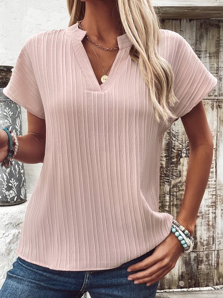 

V Neck Short Sleeve Plain Regular Loose Shirt For Women, Blue, Blouses