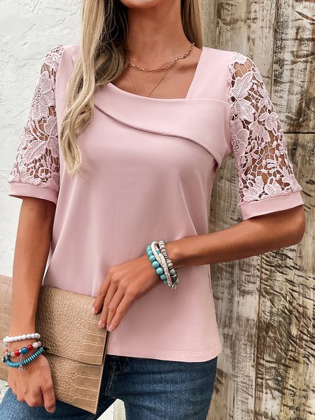 

Short Sleeve Plain Lace Regular Micro-Elasticity Loose Shirt For Women, Pink, Blouses