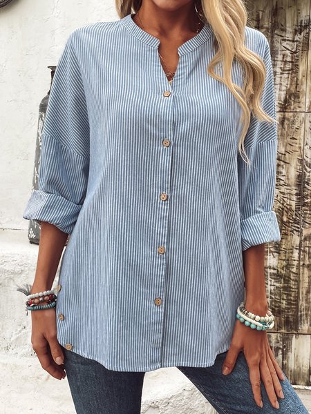 

Shirt Collar Long Sleeve Striped Regular Loose Blouse For Women, Blue, Blouses