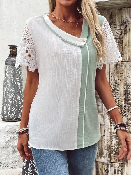 

V Neck Short Sleeve Color Block Lace Regular Loose Shirt For Women, Green, Blouses