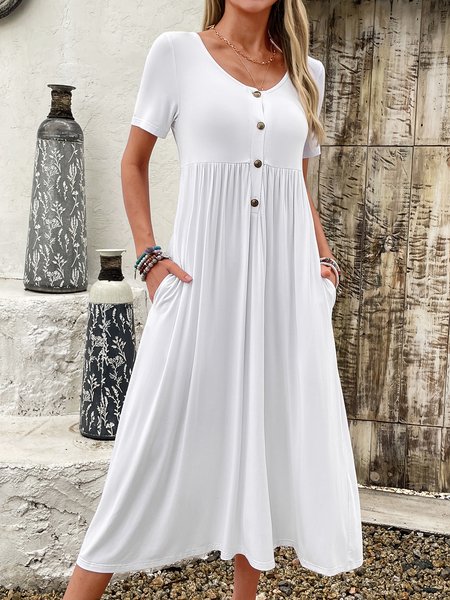 

Women Plain Long Sleeve Comfy Casual Buckle Maxi Dress, White, Dresses