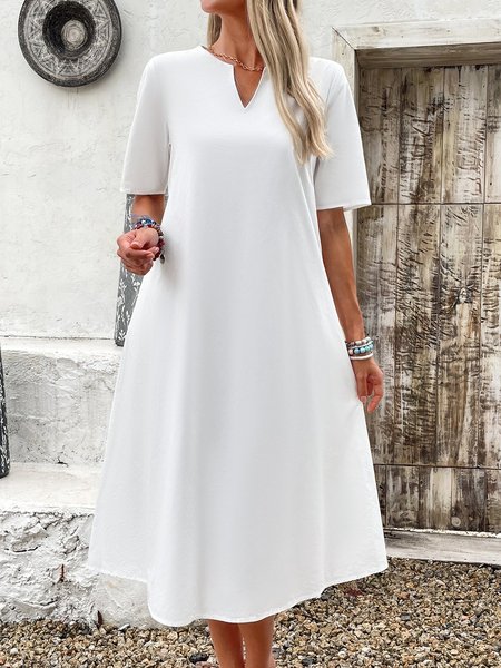 

Women Plain Long Sleeve Comfy Casual Buckle Maxi Dress, White, Dresses