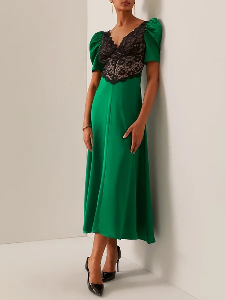 

Women's Short Sleeve Summer Color Block Gathered Dress V Neck Party Going Out Urban Maxi A-Line, Green, Dresses