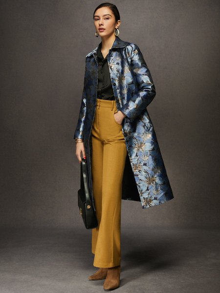 

Urban Satin Jacquard Floral Long Jacket, Dark blue, Jackets