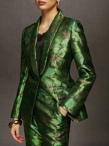 

Sleek Urban Floral Shawl Collar Satin Blazer, Green, Blazers