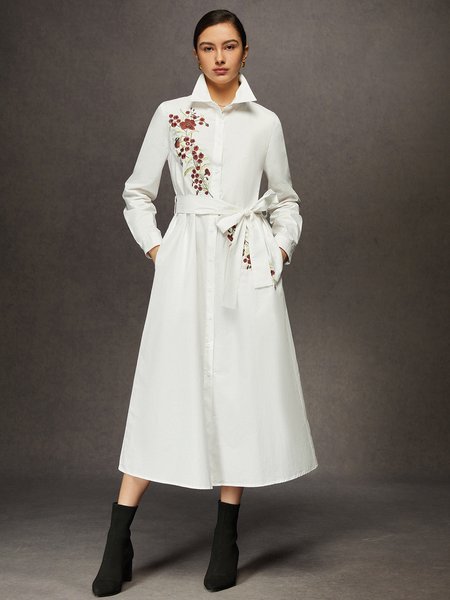 

Elegant Cotton Embroidered Shirt Dress with Pocket, White, Maxi Dresses