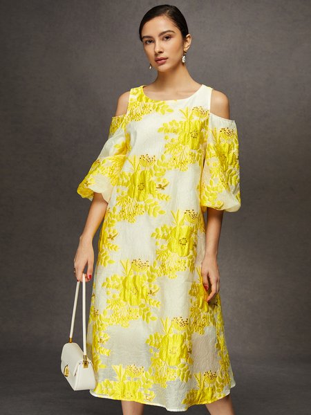 

Elegant Off-Shoulder Jacquard Midi Dress, Yellow, Midi Dresses