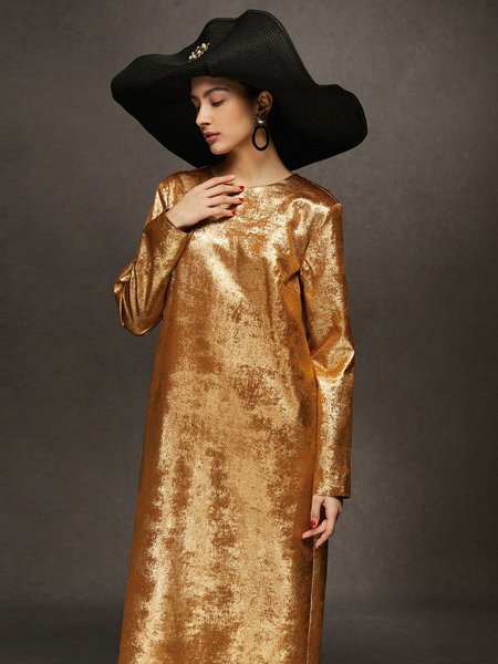 

Elegant Satin Crew Neck Slit Maxi Dress, As picture, Maxi Dresses