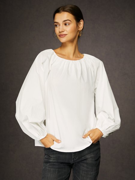 

Elegant Puff Sleeve Loose Cotton Blouse, Off white, Blouses and Shirts
