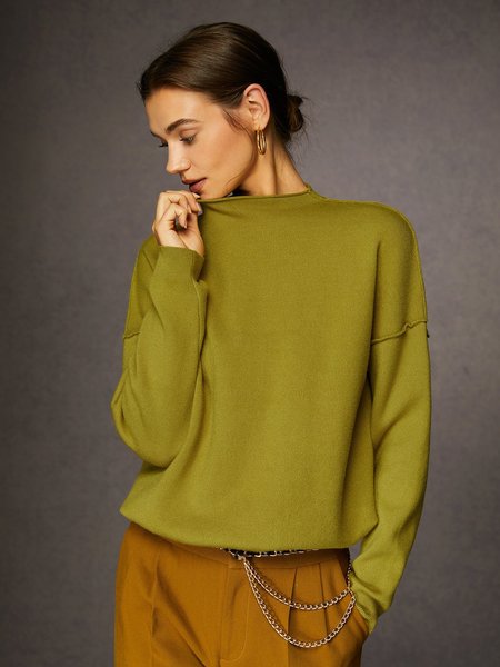 

Basic Mock Neck Loose Sweater, Yellow brown, Pullovers