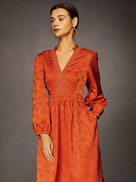 

V-Neck Jacquard Lace Satin Maxi Dress, Orange red, Maxi Dresses