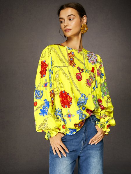 

Elegant Abstract Print Crew Neck Blouse, Yellow, Blouses and Shirts