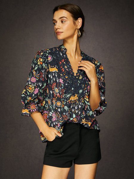 

V-Neck Printed Floral Loose Blouse, Black, Blouses and Shirts