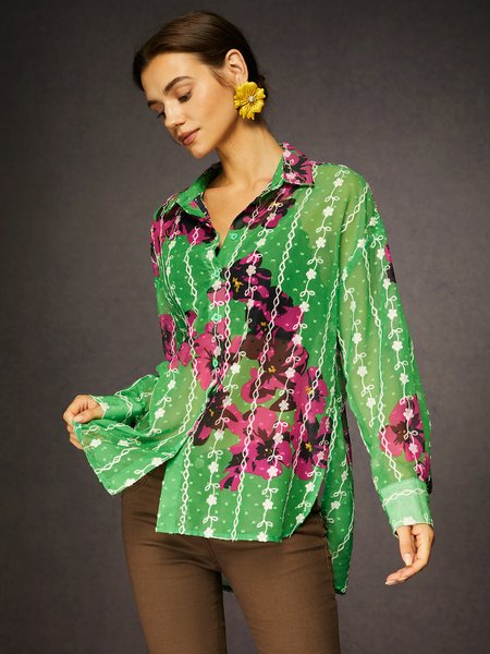 

Embroidered Floral Long Sleeve Loose Shirt, As picture, Blouses and Shirts