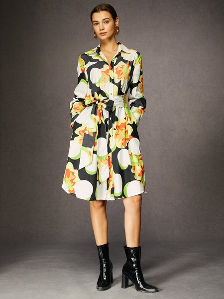 

Urban Print Shirt Collar Midi Dress With Belt, Black-white, Midi Dresses