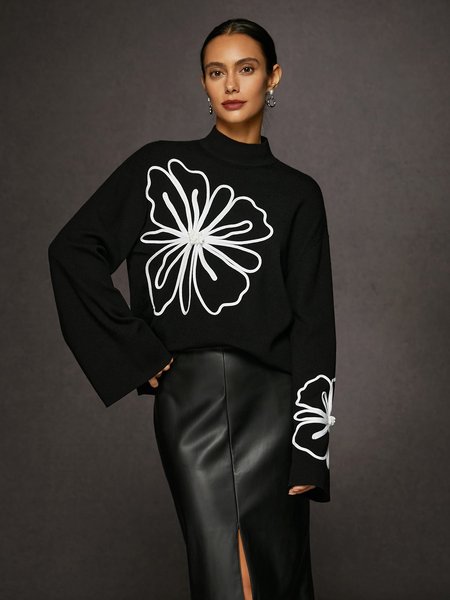 

Daily Floral Stand Collar Elegant Sweater, Black, Pullovers