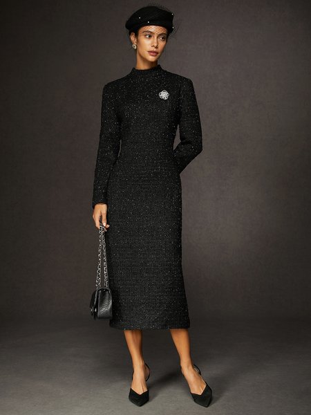 

Urban Mock Neck Tweed Dress, Black, Midi Dresses