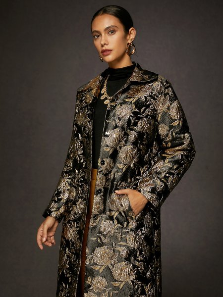 

Shawl Collar Urban Floral Jacquard Loose Coat, As picture, Coats