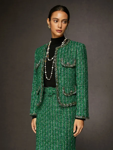 

Elegant Tweed Crew Neck Buttoned Jacket, Green, Jackets