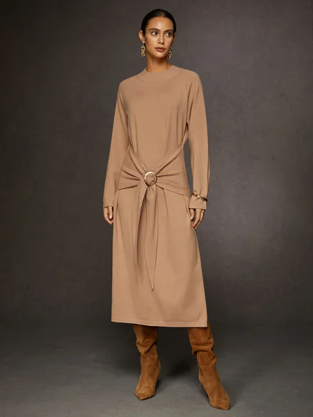 

Urban Crew Neck Knot Front Sweater Wool Dress, Apricot, Midi Dresses