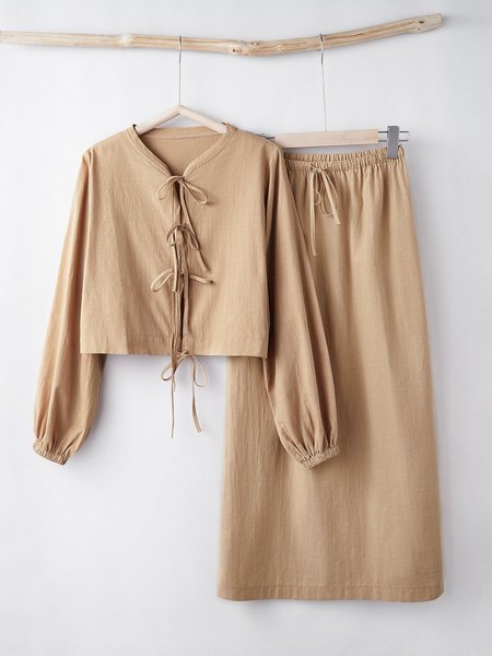 

Loose Linen Crew Neck Two-Piece Set, Apricot, Suits