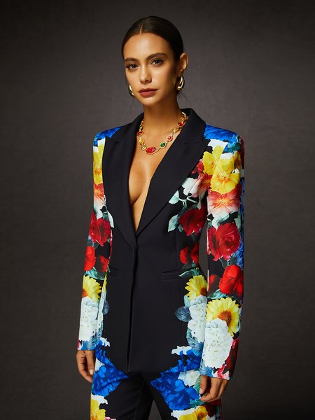 

Tuxedo Lapel Collar Floral Urban Blazer, As picture, Blazers