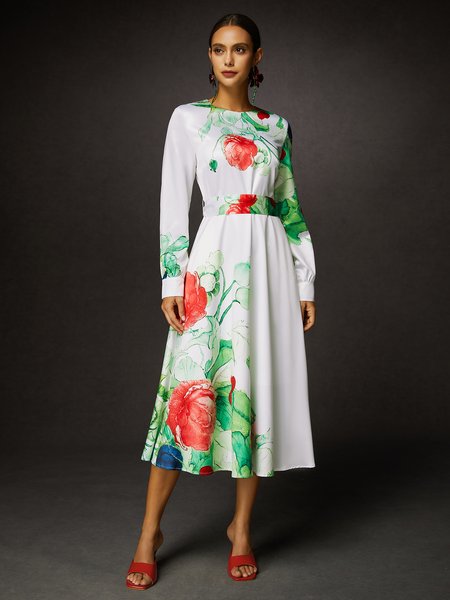 

Elegant Floral Balloon Sleeve Satin Dress with Belt, As picture, Midi Dresses