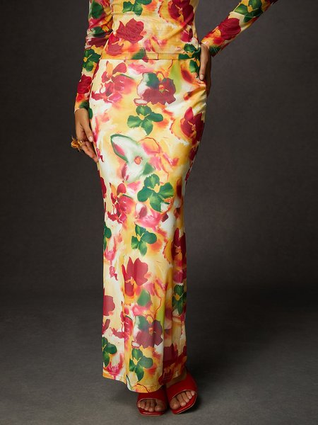 

Elegant Printing Floral Maxi Skirt, As picture, Skirts