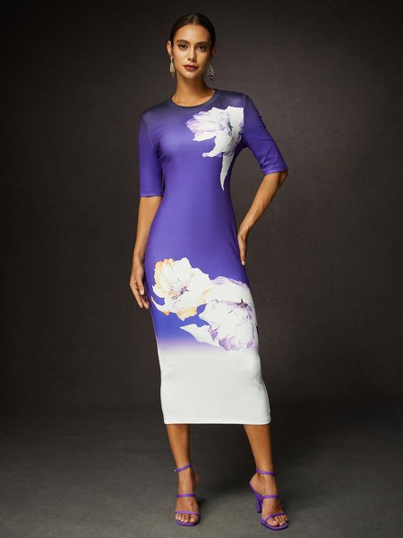 

Urban Floral Printing Crew Neck Midi Dress, Purple, Midi Dresses