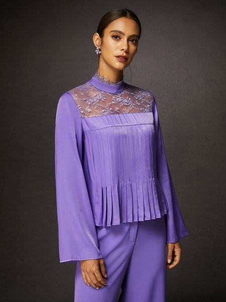 

Elegant Lace Stand Collar Pleated Blouse, Purple, Blouses and Shirts