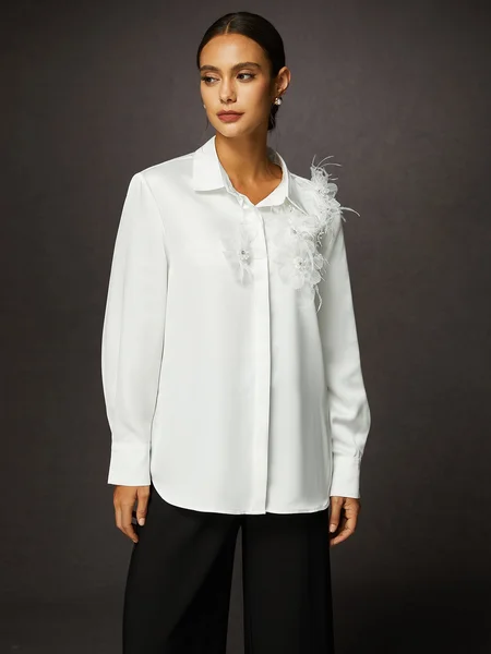 

Elegant 3D Floral Satin Shirt, Off white, Blouses and Shirts