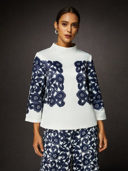 

Elegant Boat Neck Three Quarter Sleeve Print Blouse, As picture, Blouses and Shirts