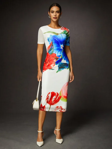 

Urban Floral Crew Neck Bodycon Dress, As picture, Midi Dresses