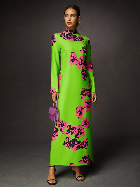 

Elegant Floral Pockets Stand Collar Maxi Dress, Green, Maxi Dresses