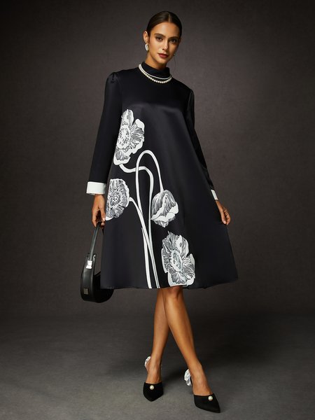 

Elegant Loose Stand Collar Long Sleeve Floral Midi Dress, Black, Midi Dresses