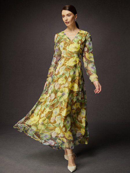 

Elegant Floral V Neck Maxi Dress No Belt, As picture, Maxi Dresses