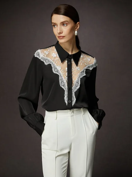 

Loose Urban Contrast Lace Shirt, Black, Blouses and Shirts